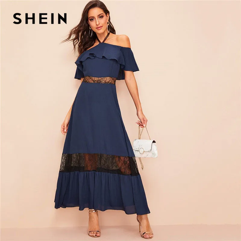SHEIN Navy Glamorous Halter Off The Shoulder Lace Insert Ruffle Maxi Dress Summer Women Solid Elegant High Waist Party Dress
SHEIN Navy Glamorous Halter Off The Shoulder Lace Insert Ruffle Maxi Dress Summer Women Solid Elegant High Waist Party Dress