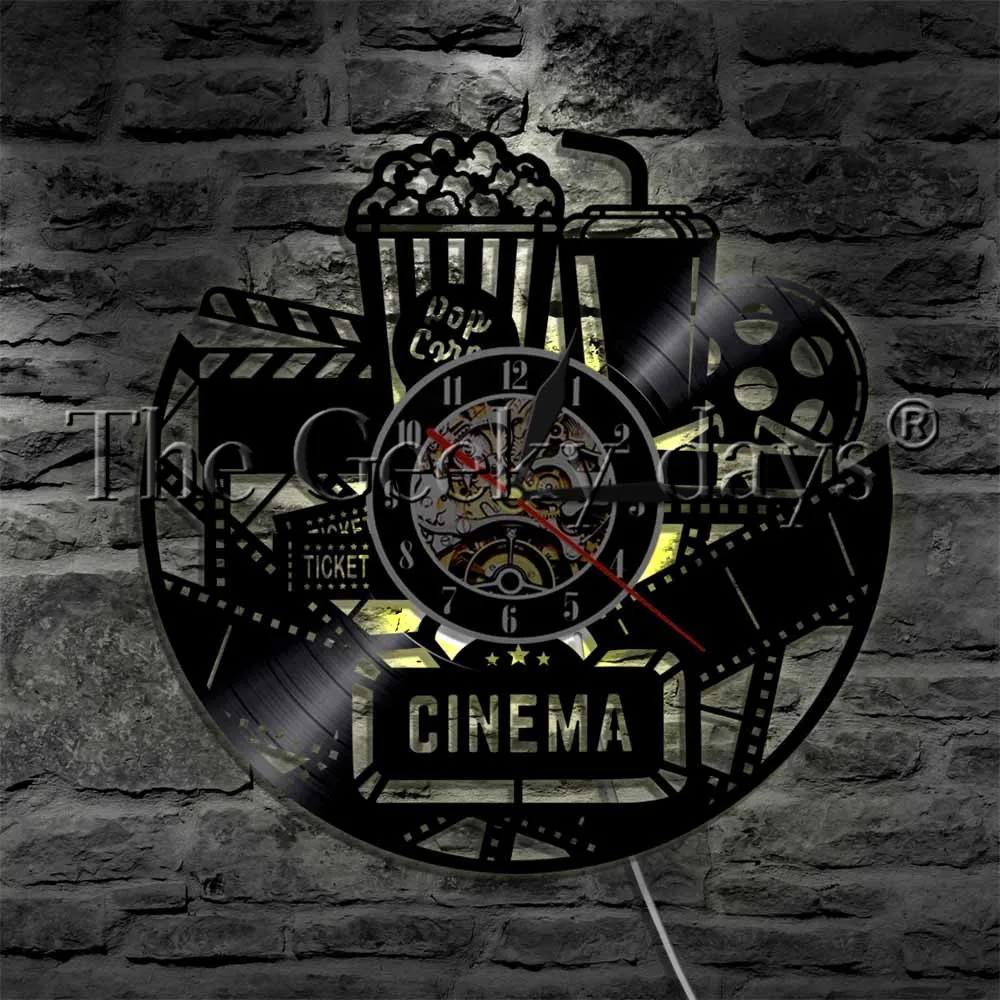 Кино попкорн дизайн виниловая запись настенные часы кинотеатр Знак смотреть