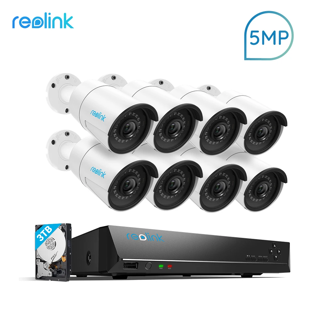 

Reolink RLK16-410B8 5MP Camera System 16ch PoE NVR&8 PoE IP Cameras Bullet Outdoor Surveillance Kit 3TB HDD 2 SATA Slots