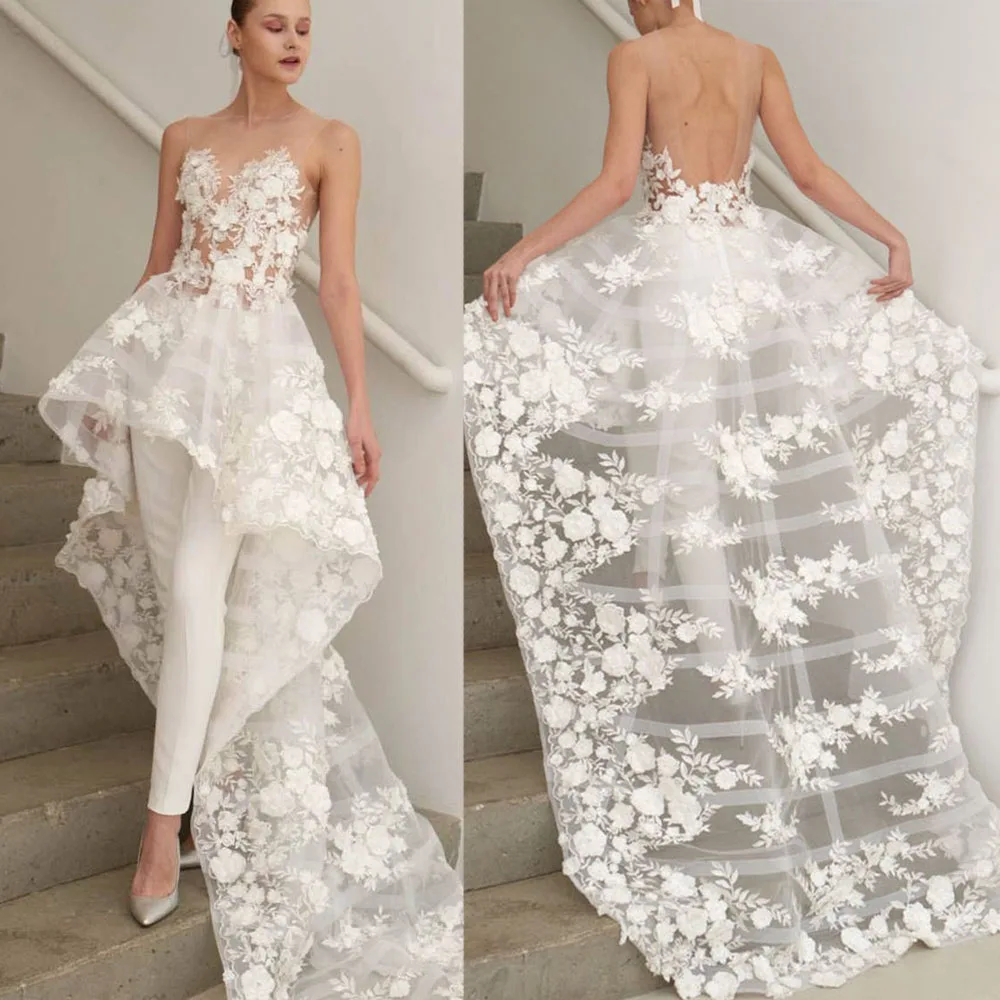 2019 Gorgeous Wedding Dress Pants Suits High Low Style Lace Appliques Handmade Flowers Bridal Dress Bride Gowns for Women
2019 Gorgeous Wedding Dress Pants Suits High Low Style Lace Appliques Handmade Flowers Bridal Dress Bride Gowns for Women