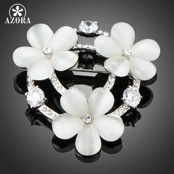 

AZORA New Silver Color Luxury Clear Zircon CZ Crystal Flower Brooch Pin for Women Wedding Party Banquet Brooches TP0060