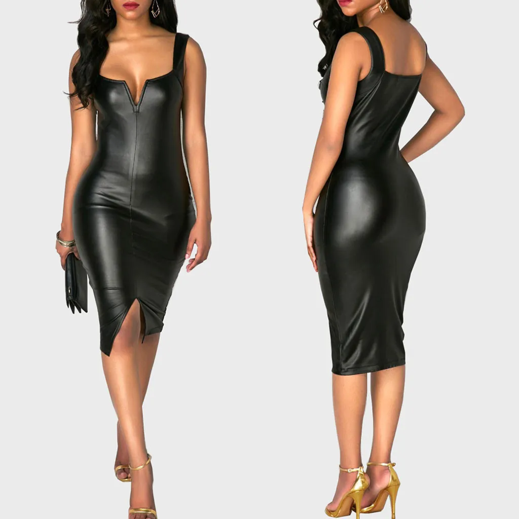 Fashion Dress Women Plus Size Sexy Deep V-Neck Sleeveless Fork Party Dress Prom Leather Dress Black Bodycon Vestidos
Fashion Dress Women Plus Size Sexy Deep V-Neck Sleeveless Fork Party Dress Prom Leather Dress Black Bodycon Vestidos