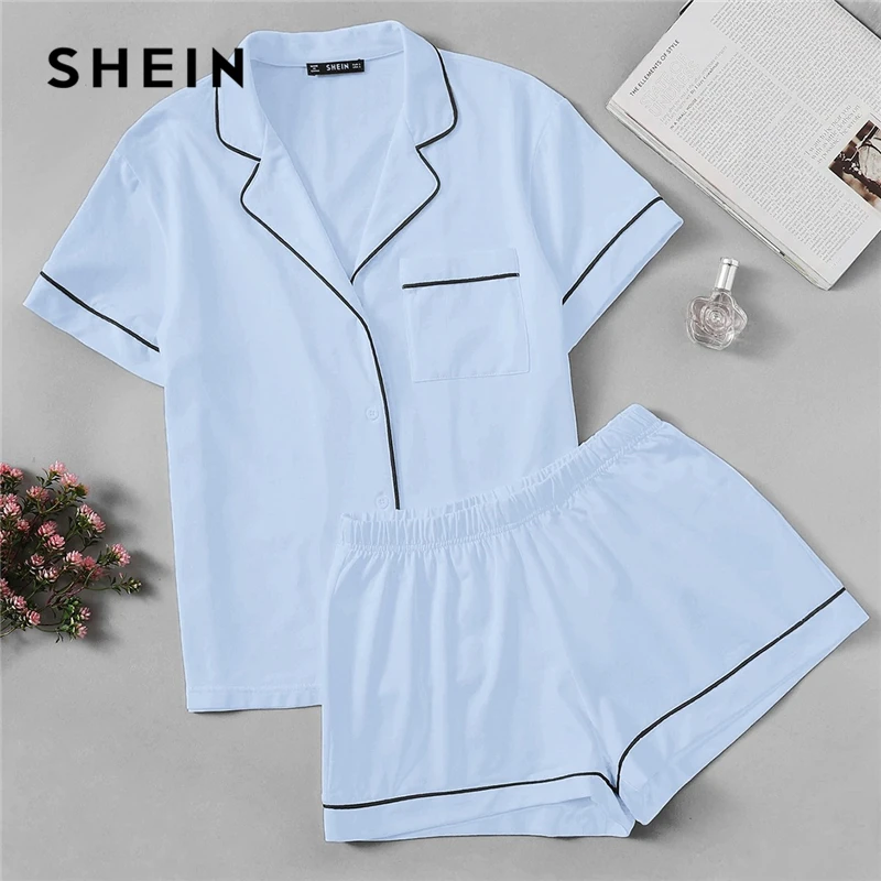 

SHEIN Blue Contrast Piping Pocket Front Shirt and Shorts PJ Set Women Summer Solid Short Sleeve Elegant Sleepwear Pajama Sets