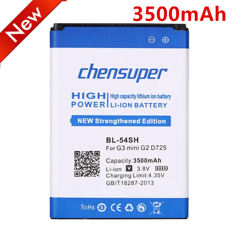 NEW 3500mAh BL-54SH For LG Optimus G3 mini G2 Battery D725 D722 D728 D729 D22 F300 F260 D410 P698 F320 BL-54SH g3s mini
NEW 3500mAh BL-54SH For LG Optimus G3 mini G2 Battery D725 D722 D728 D729 D22 F300 F260 D410 P698 F320 BL-54SH g3s mini