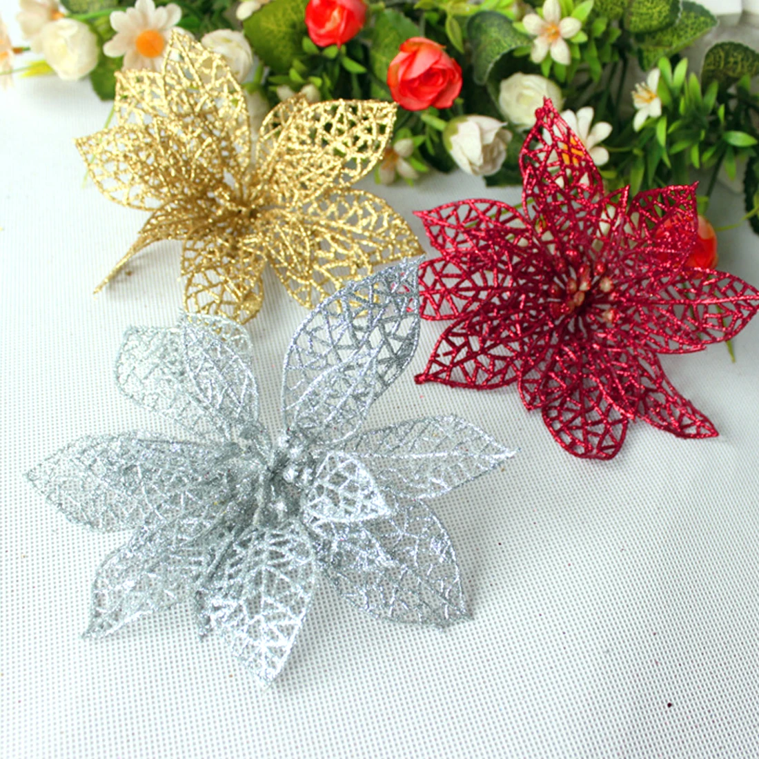 Creative 14cm Colourful Glitter Artificial Hollow Flowers Wedding Party Christmas Xmas Tree Home Valentine's Day Decorations
Creative 14cm Colourful Glitter Artificial Hollow Flowers Wedding Party Christmas Xmas Tree Home Valentine's Day Decorations