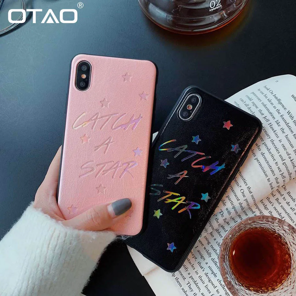 OTAO Leather Letter Phone Case For iPhone XS MAX XR X 8 7 6 6s Plus Bling Cases Laser Star Love Cartoon Cover Solid Color |
