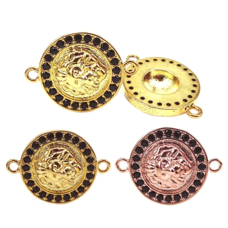 Mixed Colors 24K Gold Plated Lion Head Connector Micro Pave Black CZ For Bracelet DIY Jewelry Making Spacer Beads |