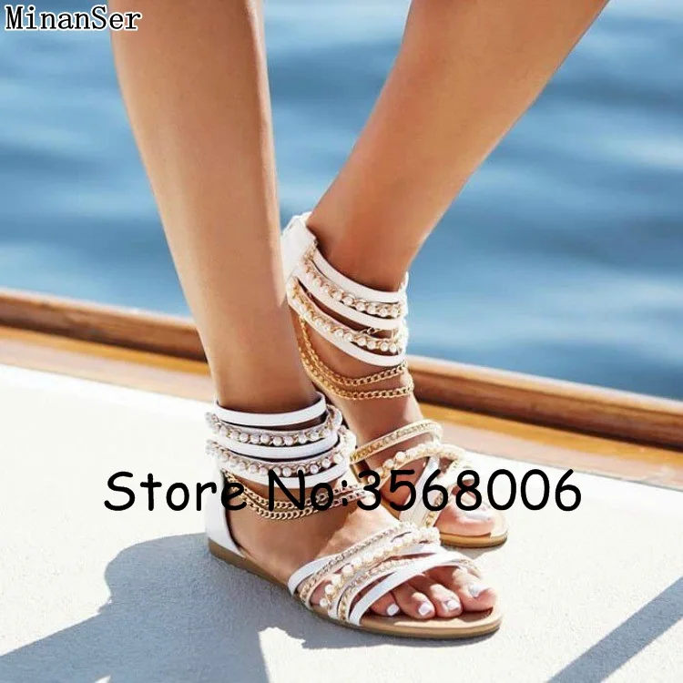 Metal Chain Pearl Flats Sandals Casual Bohemia Designed Ankle Wrap Leisure Woman Sandals Summer Gladiator Beach Shoes Hot Sale
Metal Chain Pearl Flats Sandals Casual Bohemia Designed Ankle Wrap Leisure Woman Sandals Summer Gladiator Beach Shoes Hot Sale