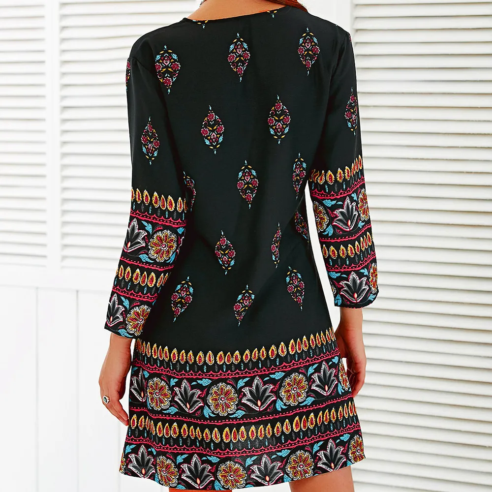 2017 New Women Print Long Sleeve Boho Dress Beach Evening Party Mini Dress Dropshipping L518 11