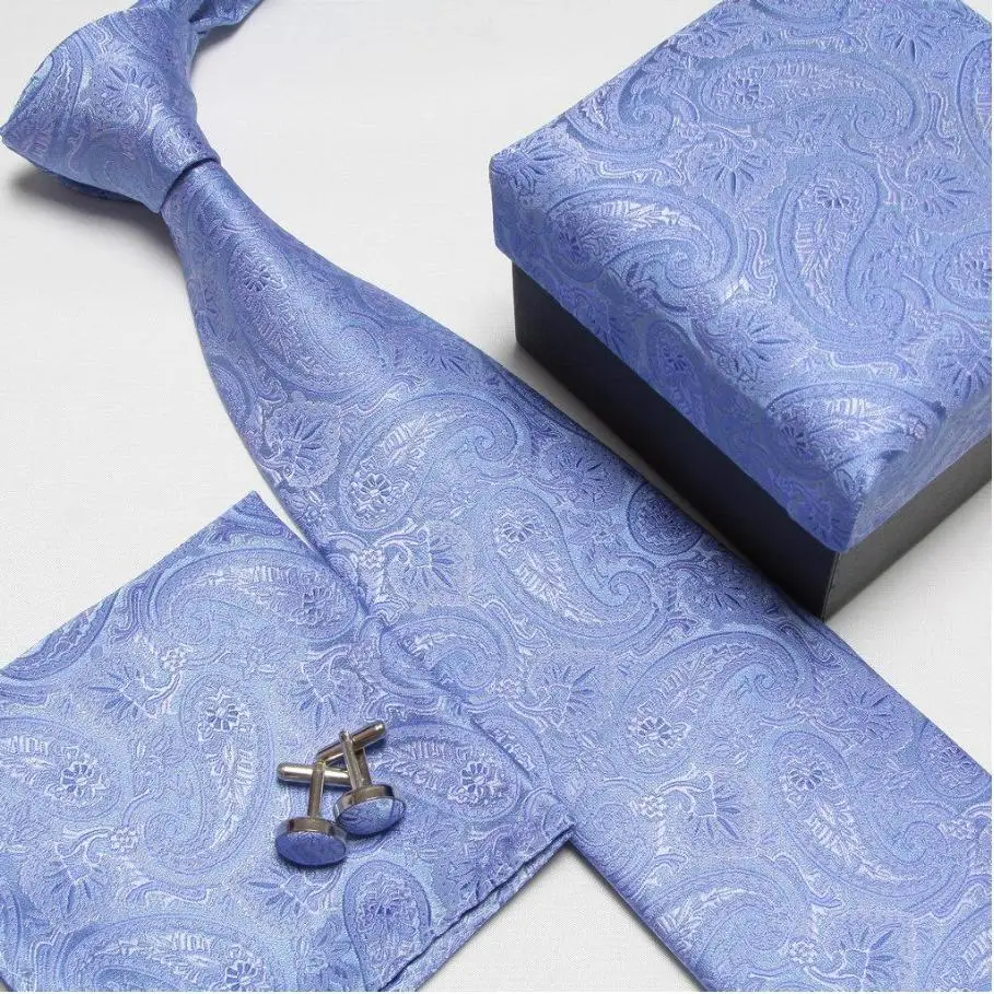 

2019 men's fashion high quality neck tie set neckties cufflinks hankies silk ties cuff links pocket handkerchief