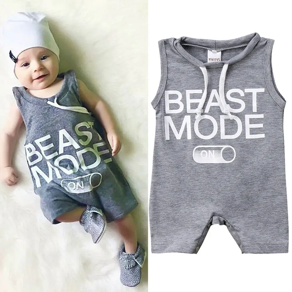

0-24M Kids Baby Boy BEAST MODE ON Printed Romper Gray Sleeveless Jumpsuit Cotton Outfits Clothes Summer