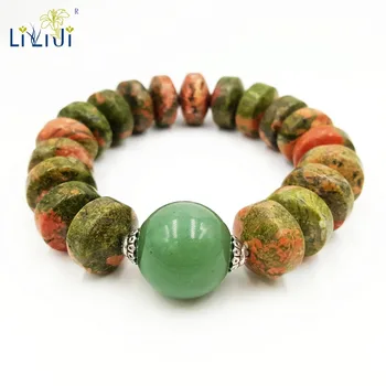 

LiiJi Unique Natural Stone Unakite Tibet Turquoises Charm/Green Aventurine Men Bracelet Approx 21cm/8.25inches