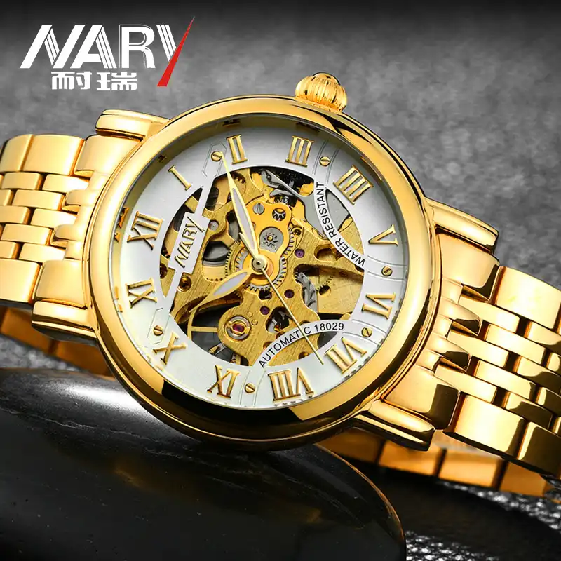 2017 NARY мужские золотистые часы автоматические Мужской Скелет наручные из
