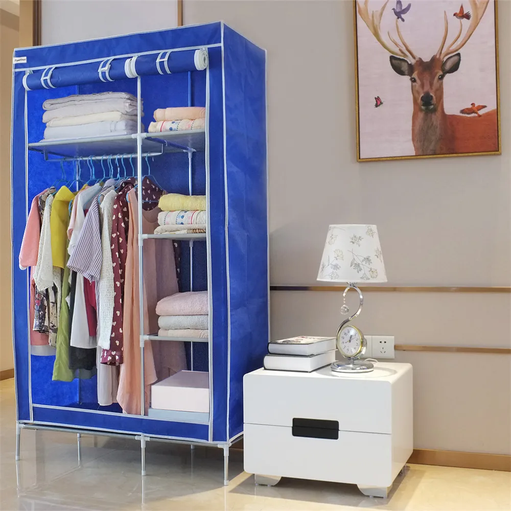 Finether High Quality Double Modular Metal Framed Fabric Wardrobe,Clothes Shelves Organiser Hanging Rail Cupboard Canvas-Blue 6