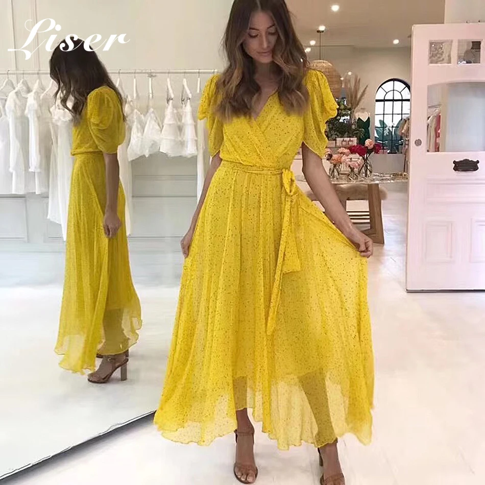 Женское платье с коротким рукавом Liser желтое элегантное v-образным вырезом для