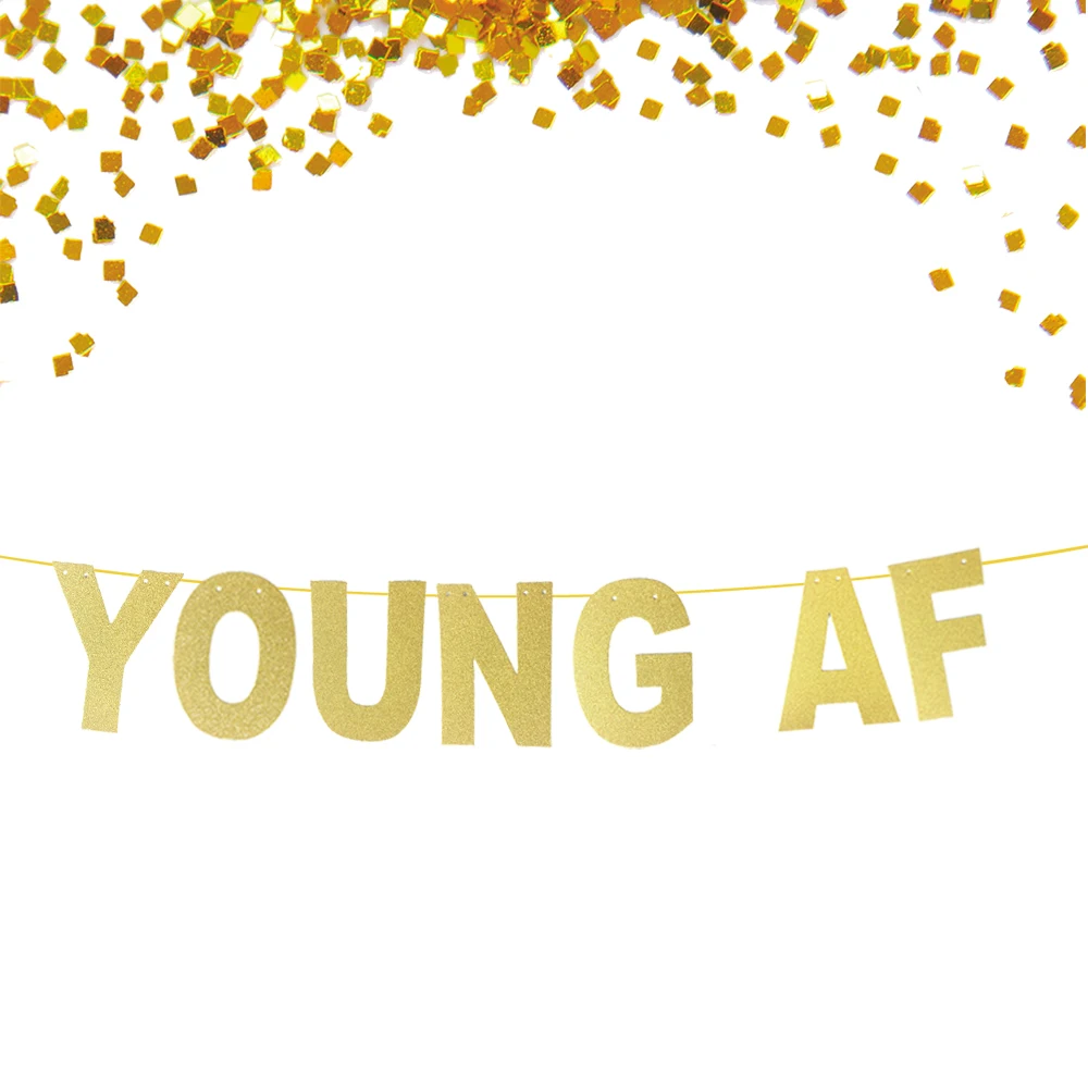 Блестящий Золотой баннер Young AF на день рождения бандаж для вечеринки украшение |