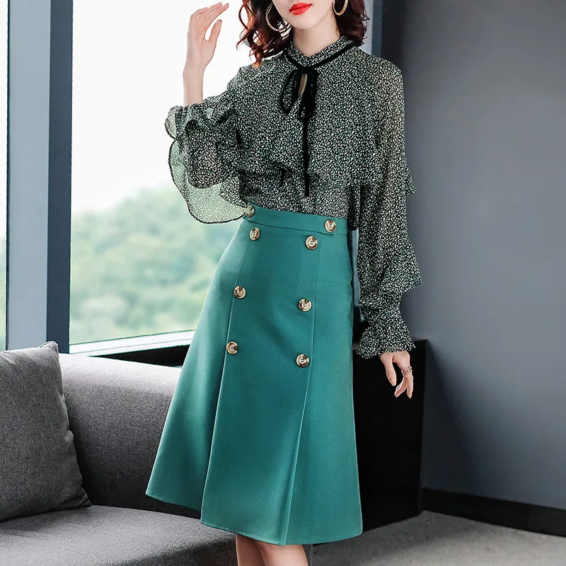 New 2019 spring summer office double breasted skirt suit bow stand collar ruffles print chiffon tops blouse two piece set green
New 2019 spring summer office double breasted skirt suit bow stand collar ruffles print chiffon tops blouse two piece set green