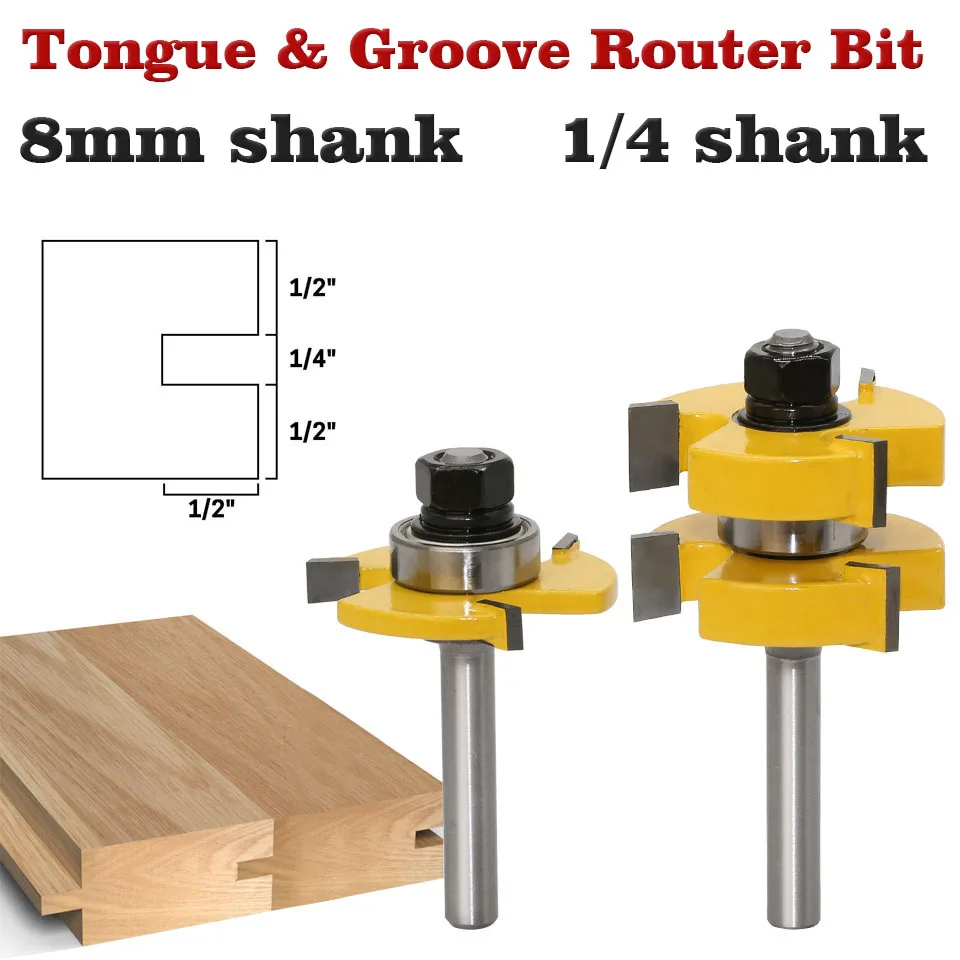 2pc 8mm 1/4Shank Tongue & Groove Router Bit Set - Large Stock up to 1-1/4" Woodworking cutter Tenon Cutter for Tools | Инструменты