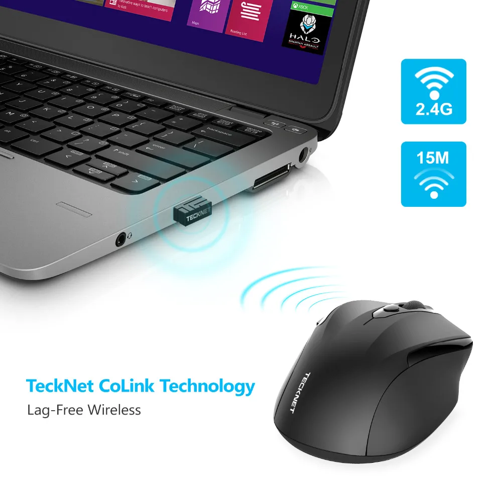 TeckNet Pro 2.4GHz Wireless Mouse Nano Receiver Ergonomic Mice 6 Buttons 2400DPI 5 Adjustment Levels for Computer Laptop Desktop 13