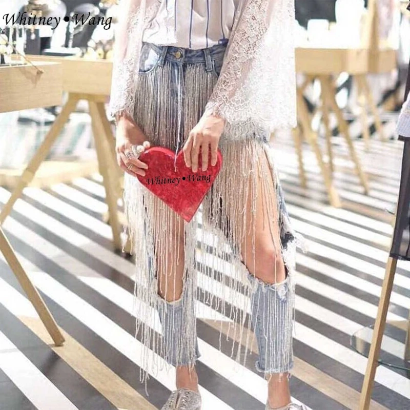 

WHITNEY WANG 2019 Spring Summer Fashion Streetwear Handmade Beading Tassel Ripped Holes Jeans Women Denim Pants