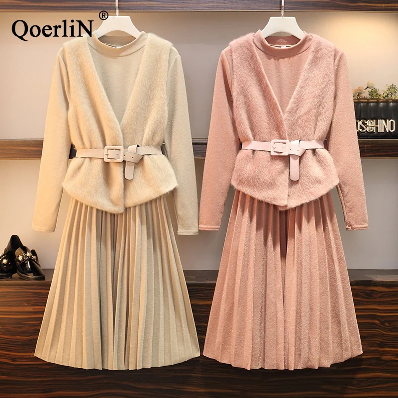 QoerliN XXXXL Two Piece Dress Suits Women Fashion Long Sleeve Dress Pleated Vintage Belt Fake Fur Vest Waistcoat Female Big Size
QoerliN XXXXL Two Piece Dress Suits Women Fashion Long Sleeve Dress Pleated Vintage Belt Fake Fur Vest Waistcoat Female Big Size