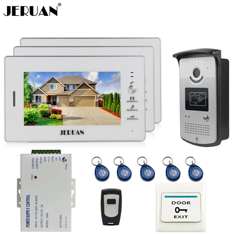 

JERUAN 7`` TFT Color Screen Video Door Phone Intercom System kit 3 Monitors +700TVL RFID Access IR COMS Camera + Remote Control