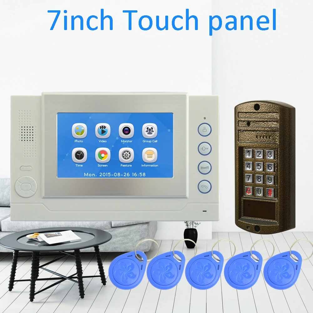 (1 Set) Touch Panel Video Intercom RFID Card Door release 7 inch color screen aluminium alloy surface HD camera Night visible
(1 Set) Touch Panel Video Intercom RFID Card Door release 7 inch color screen aluminium alloy surface HD camera Night visible