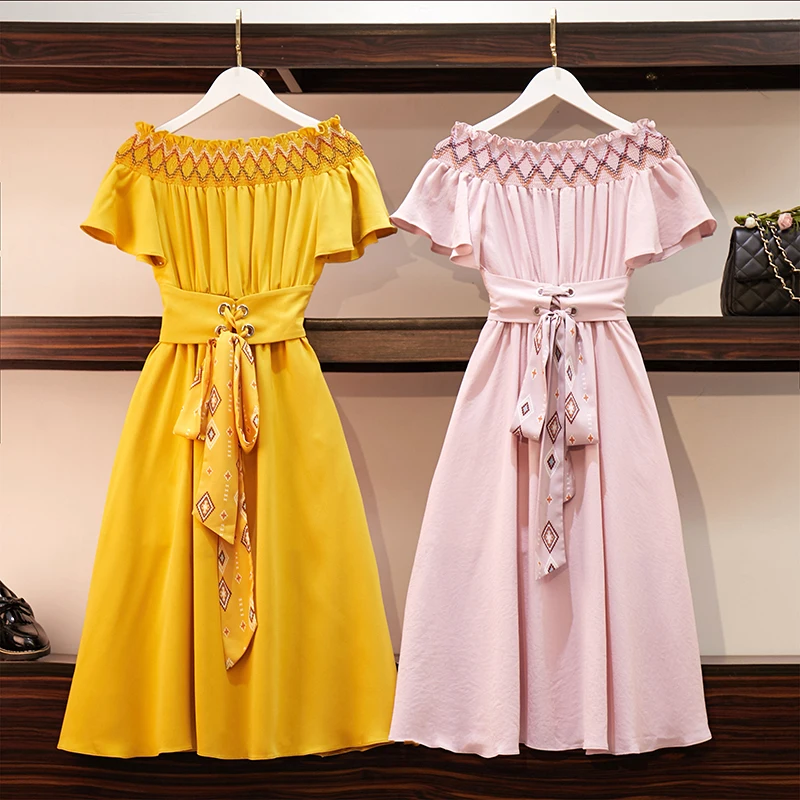 2019 Summer Women Off Shoulder Short Sleeve Knee-Length Casual Dress With Sashes Women's Elegant A-Line Beach Dresses Robe Femme
2019 Summer Women Off Shoulder Short Sleeve Knee-Length Casual Dress With Sashes Women's Elegant A-Line Beach Dresses Robe Femme