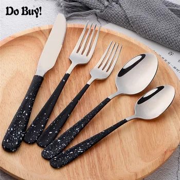 5 Pcs/Set Black Silver Dinnerware Set Stainless Steel With White Dot Handle Cutlery Set Kitchen Food Tableware Set
5 Pcs/Set Black Silver Dinnerware Set Stainless Steel With White Dot Handle Cutlery Set Kitchen Food Tableware Set