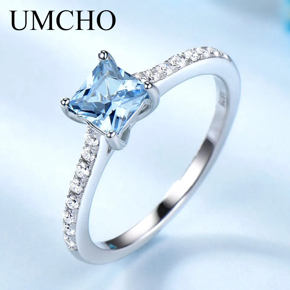 

UMCHO 5*5mm Sky Blue Topaz Ring Engagement Wedding Ring 925 Sterling Silver Rings For Women Anniversary Vintage Gift Jewelry