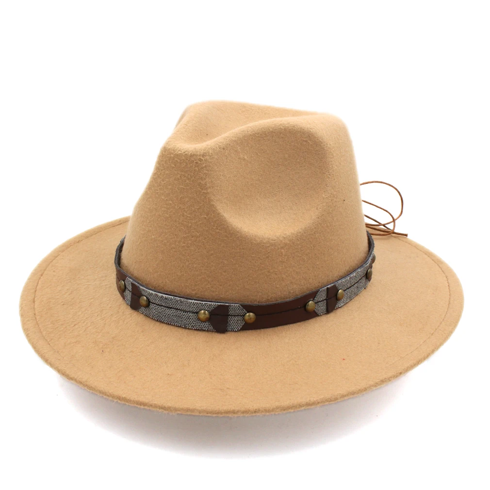 

Mistdawn Vintage Women Men Panama Hat Flat Wide Brim Fedora Trilby Cap Wool Blend Jazz Church Cap Leather Band Size 56-58cm