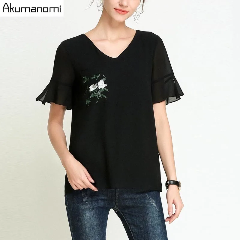 Summer Chiffon Blouse Women Clothing Black Open Stitch Flare Short Sleeve Flowers Embroidery Shirt Tops Plus Size 5XL 4XL 3XL-M
Summer Chiffon Blouse Women Clothing Black Open Stitch Flare Short Sleeve Flowers Embroidery Shirt Tops Plus Size 5XL 4XL 3XL-M