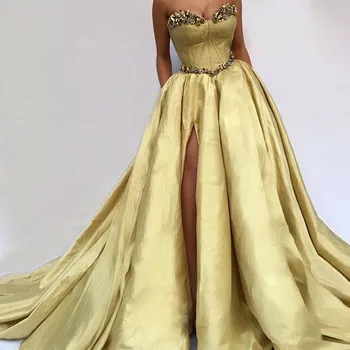 Sweetheart Beaded Gold Evening Dress Long Sexy High Side Slit Prom Gowns Backless Sleeveless Formal Dress vestidos de gala
Sweetheart Beaded Gold Evening Dress Long Sexy High Side Slit Prom Gowns Backless Sleeveless Formal Dress vestidos de gala
