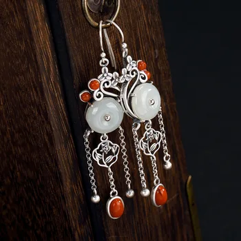 Silver 925 Earing Natural Gemstone Jade Peace Buckle Long Tassel Earrings For Women With Red Onyx Personalized Jewelry 
Silver 925 Earing Natural Gemstone Jade Peace Buckle Long Tassel Earrings For Women With Red Onyx Personalized Jewelry