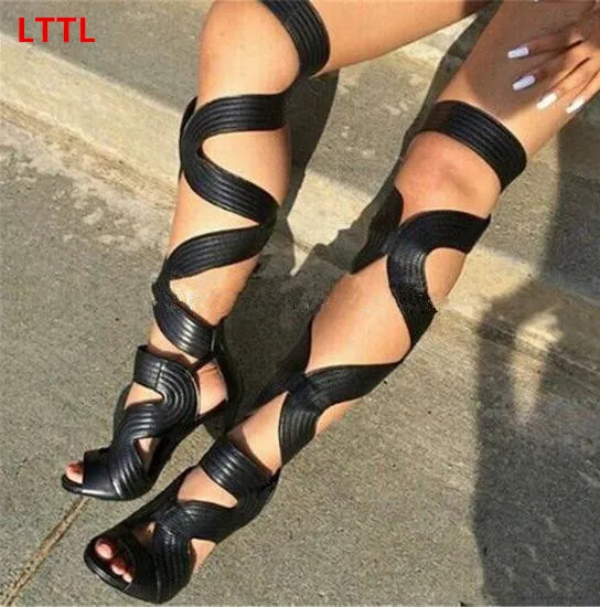 

Sexy open toe cut-outs high heels women gladiator sandals black leather lace up thigh high boots woman botas size 35-43