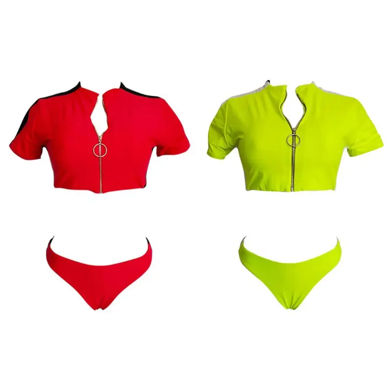 Womens Sexy Short Sleeve Two-Piece Bikini Set Zip Up Stripes Printed Padded Crop Top Sport Swimsuit High Cut Solid Thong Bottom
Womens Sexy Short Sleeve Two-Piece Bikini Set Zip Up Stripes Printed Padded Crop Top Sport Swimsuit High Cut Solid Thong Bottom