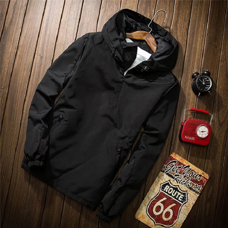 2018 Mens Bomber Jacket Reflective Hooded Autumn Reflective Windbreaker Black Long Sleeve