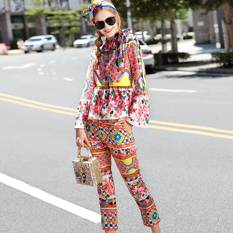 2 Piece Vintage 2016 Autumn Beautiful Long Flare Sleeve Daily Fairy Women Tops + Calf Length Street Fashion Pants Sets | Женская одежда