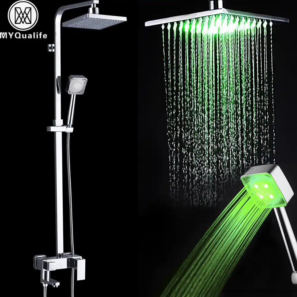 Led Light Shower Faucet Set Square Shower Head Color Changing