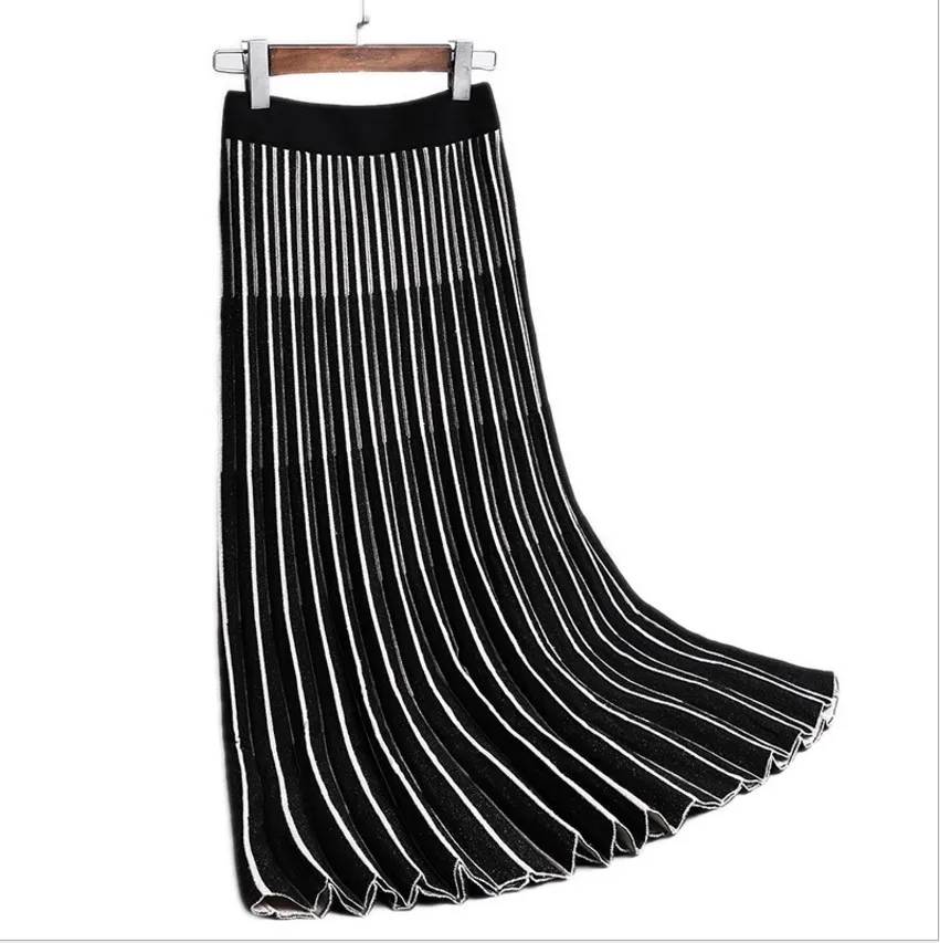 vintage flexible stretch high waist midi pleated thermal warm knitted skirt for women winter black striped knit womens skirts 
vintage flexible stretch high waist midi pleated thermal warm knitted skirt for women winter black striped knit womens skirts