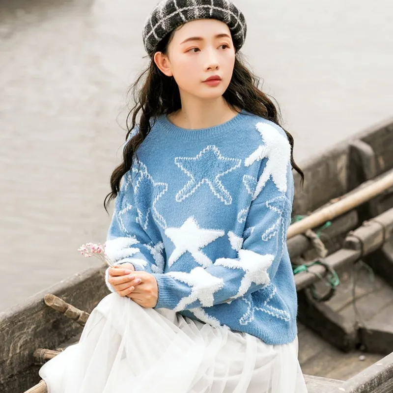 Korean Winter O-neck Knitted Sweaters 2019 New Woman Sweet Pentagram embroidery Casual Loose Pullover Sweater Female Soft Jumper
Korean Winter O-neck Knitted Sweaters 2019 New Woman Sweet Pentagram embroidery Casual Loose Pullover Sweater Female Soft Jumper