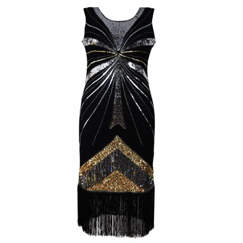 Women 1920s Black Vintage Gatsby Flapper Dress Plus Size Sleeveless Sequined Tassel Glitter Dresses Vestidos | Женская одежда