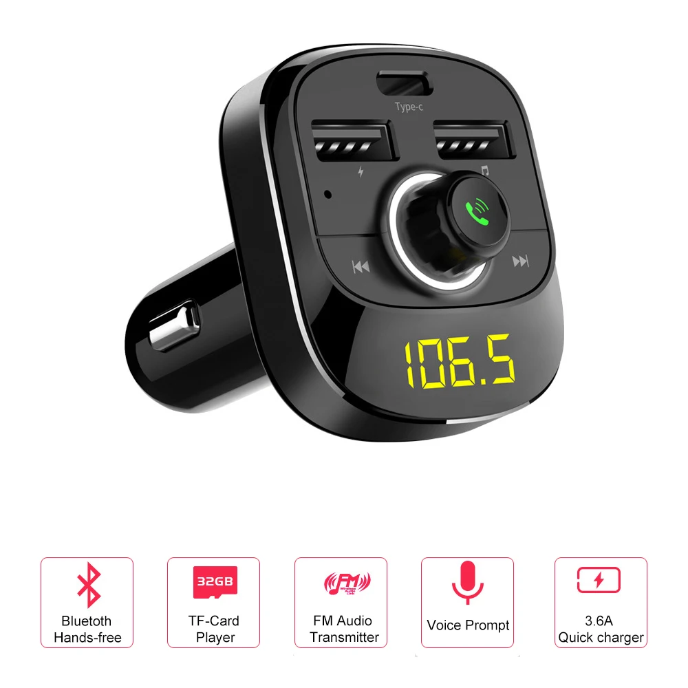 Transmitter Handsfree Bluetooth Car Kit Aux Modulator MP3 Player Support TF Card / U Disk Music Playing Type-C Charging Port
Transmitter Handsfree Bluetooth Car Kit Aux Modulator MP3 Player Support TF Card / U Disk Music Playing Type-C Charging Port