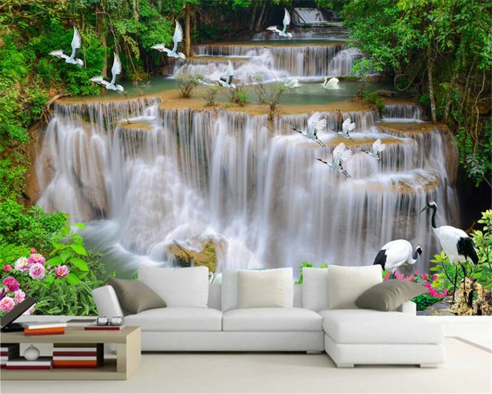 

Custom Wallpaper Mural Nature Waterfall River Forest white crane 3D TV Background Wall murals 3d wallpaper home decor