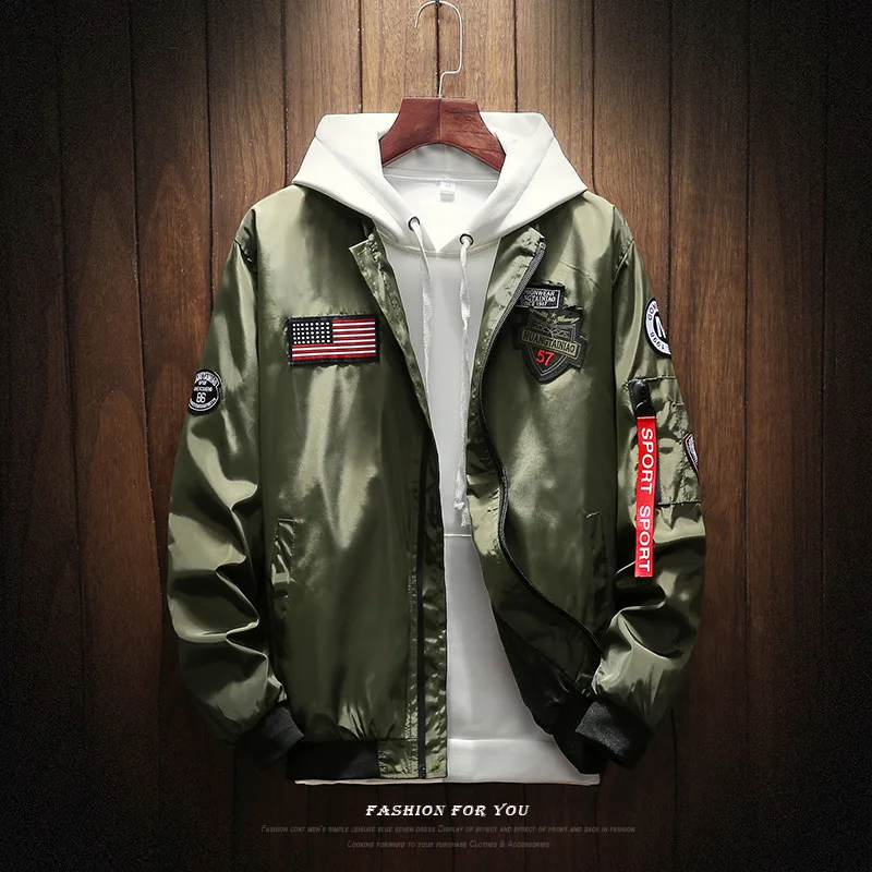 Mens Bomber Jacket Men Fashion American Flag Patch Designs Pilot Jacket Ribbons Zipper Pocket Baseball Uniform Male Coat
Mens Bomber Jacket Men Fashion American Flag Patch Designs Pilot Jacket Ribbons Zipper Pocket Baseball Uniform Male Coat