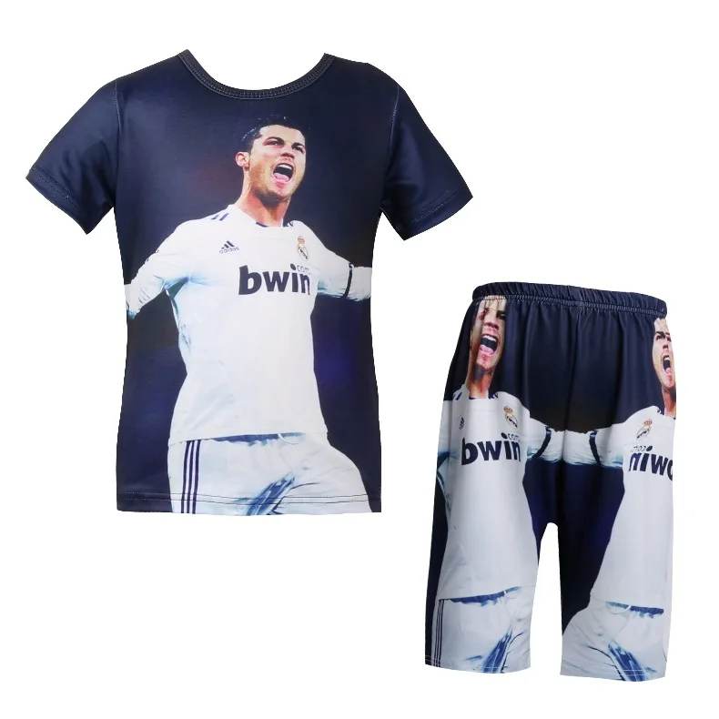 

2018 New Bball uniform baby boys t shirt set Real Football star t-shirt 3D Madrid C Ronaldo cartoon Kids short pant clothes