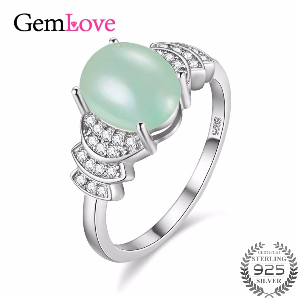 Image Gemlove Jade Natural Green Diamond 925 Sterling Silver Large Rings Jewelry Gemstone Wedding Ring Gift Girl with Box 40% FJ034
