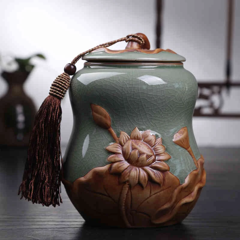 

Pu'er Fresh-keeping Geyao Cracked Glaze Spice Jar Dried fruit Jar tea Canister Ceramic Porcelain candy jar sealed tank tea caddy