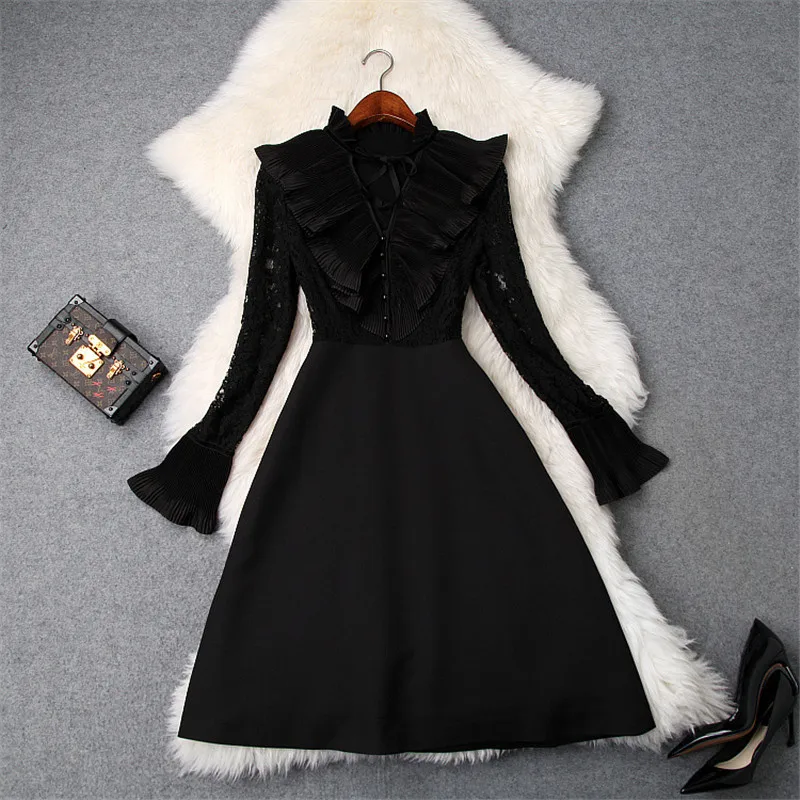 Female Spring Dress Women 2019 New Fashion Designer Runway Dress Flare Long Sleeve Ruffles Lace Patchwork Mini Black Party Dress
Female Spring Dress Women 2019 New Fashion Designer Runway Dress Flare Long Sleeve Ruffles Lace Patchwork Mini Black Party Dress