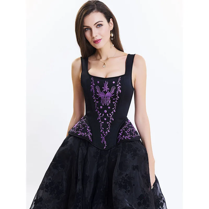 Blue Black Victorian Gothic Retro Overbust Corset Top Vest Sexy Embroidery Shoulder Strap Corsets And Bustiers Korsett For Women (27)
